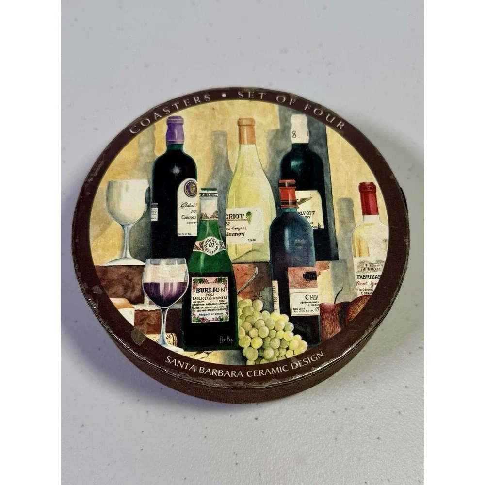 Santa Barbara Ceramic Design Ron King Wine Drink Coasters Set of 4‎ w/Box